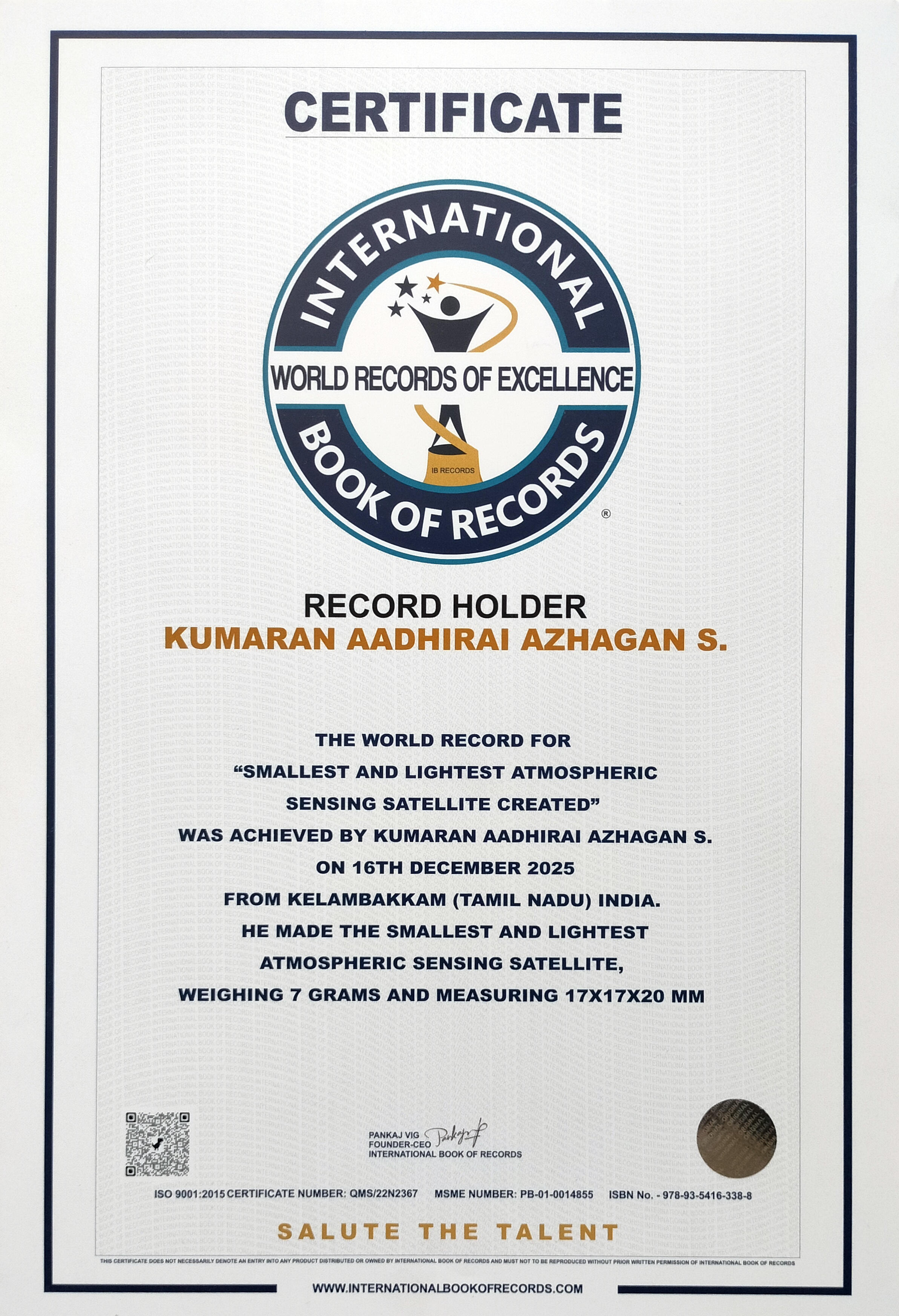 International Book of Records Certificate